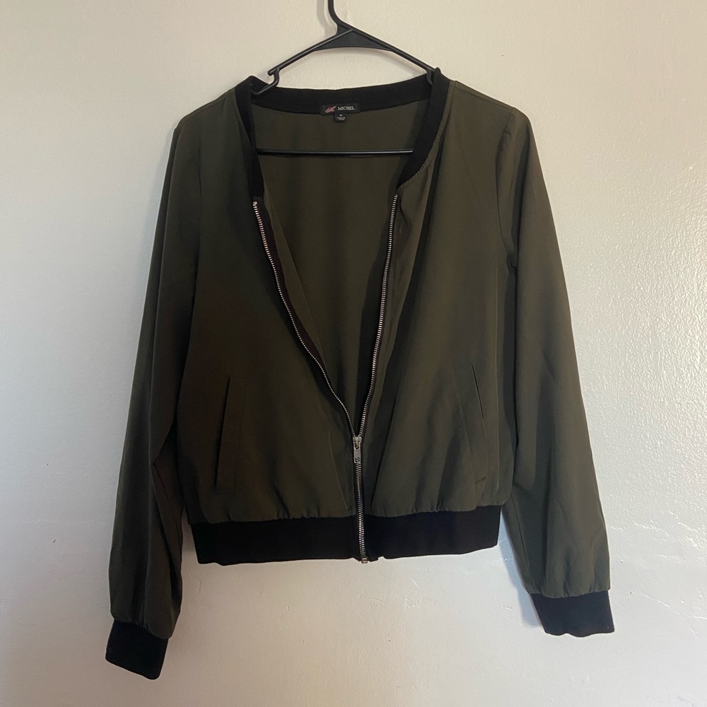 Khaki Bomber Jacket with Black Trim